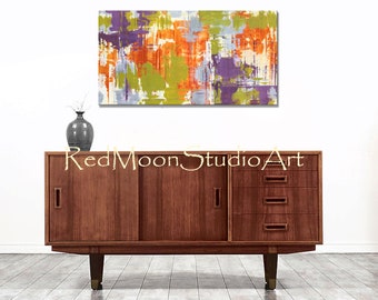 Abstract Painting, Abstract Art in Orange, Gray, Purple, Green, Large 48x24 Mid-Century Modern Style Wall Art