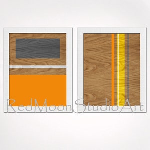 Abstract Art Prints 2-piece set, Modern Wall Art Mid-Century Style Orange Gray Yellow Woodgrain Art Prints image 5