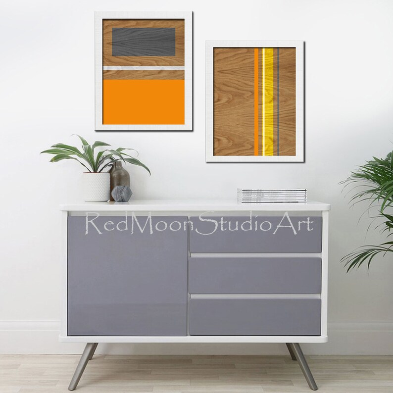 Abstract Art Prints 2-piece set, Modern Wall Art Mid-Century Style Orange Gray Yellow Woodgrain Art Prints image 1