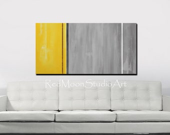 Abstract Art - Large 48x24 Painting, Yellow and Gray