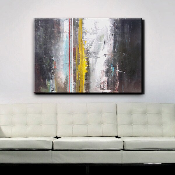 Abstract Art Abstract Painting, Gray Grey Yellow Art 48x36 - Shipping included within Continental US