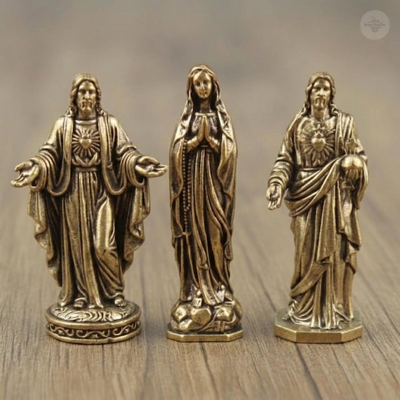 Mini Jesus Mary Religious Figurine Set Christian Brass Decor Catholic Saint Statue Spiritual Gift