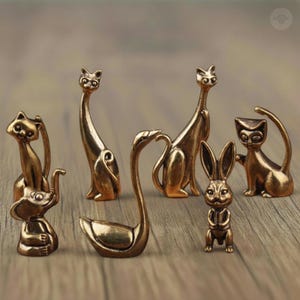 Vintage Brass Animal Figurines Set, Retro Brass Cat Rabbit Swan Elephant Decor, Mini Animal Sculptures, Hand Cast Desk Shelf Ornaments