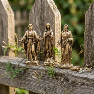 Puede incluir: Tres estatuas religiosas de color bronce de Jes&uacute;s y Mar&iacute;a se alzan sobre una valla de madera desgastada. Las estatuas est&aacute;n detalladas con t&uacute;nicas fluidas y expresiones serenas. El fondo es un enfoque suave de follaje verde.