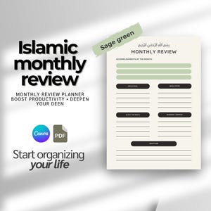 Peut inclure: Un planificateur de revue mensuelle islamique au format PDF numérique. Le design présente le texte "Islamic monthly review" en lettres noires en gras. Le planificateur comprend des sections pour les réflexions, la gratitude et d'autres notes, avec un accent vert sauge.