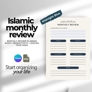 Peut inclure: Un planificateur de revue mensuelle islamique en format PDF. Le design présente le texte "Islamic monthly review" en gras, avec des sections pour les réflexions, la gratitude et les notes. Le planificateur est conçu pour améliorer la productivité et approfondir la foi.