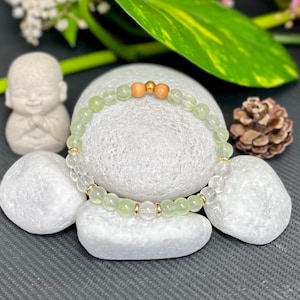 Prehnite (AAA) & Clear Quartz (AA) Diffuser Bracelet • Sandalwood Aromatherapy • High Quality Gemstone Bracelet • Healing Crystal Jewelry