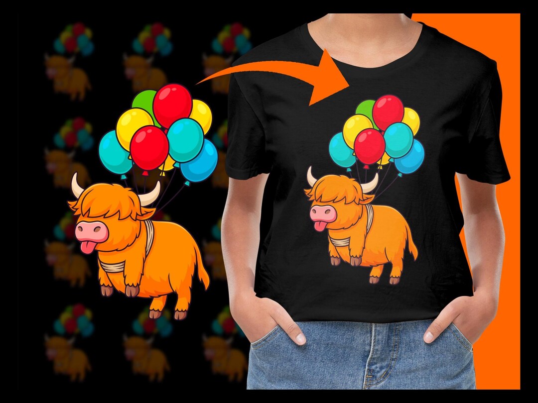 Highland Cow Flying With Balloons PNG, Free Commercial Use, Instant ...