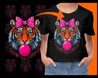 May include: Black t-shirt featuring a colorful tiger illustration. The tiger has orange and blue fur, a pink bow, and a pink bubble gum bubble. The design is a fun and playful graphic.