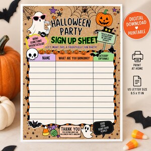 Puede incluir: Una hoja de registro para fiesta de Halloween en papel kraft con cuadrícula para nombre, artículo y categoría. Ilustraciones de fantasma, calabaza, calavera, murciélagos, arañas y dulces. Texto: Halloween Party Sign Up Sheet, 21.6 x 27.9 cm.