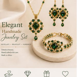 Emerald Beaded Jewelry Pattern, necklace, bracelet, earrings PDF, Green Crystal Beading Tutorial