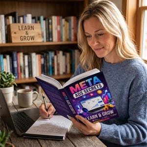 May include: A book titled Meta Ads Secrets Learn & Grow with a purple cover featuring a laptop, gold coins, and social media icons. The book is held open, displaying a graphic of an analytics dashboard on the front cover alongside bold text.