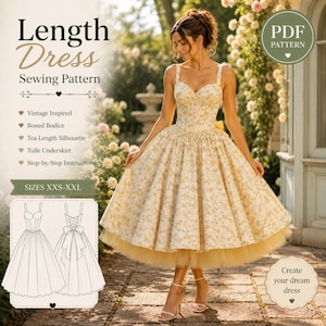 Pode incluir: Um molde de costura em PDF para um vestido de comprimento midi com corpete estruturado e anágua de tule. O molde inclui tamanhos XXS-XXL, instruções passo a passo e um desenho técnico mostrando as vistas frontal e traseira com amarração.