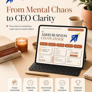 Może przedstawiać: Tablet cyfrowy wyświetlający interfejs The ADHD Business CEO Planner z sekcjami dotyczącymi skupienia, nawyków i zadań. Ekran pokazuje minutnik 25:00, logo Leap Further oraz tekst, w tym From Mental Chaos to CEO Clarity oraz Less overwhelm. More impact. Real results.