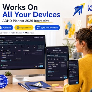 May include: A digital ADHD planner 2026 interactive interface displayed on a computer monitor, tablet, and smartphone. The screen shows a dark-themed dashboard with text including Works On All Your Devices, Focus Timer, Habit Tracker, and Meal Plan.