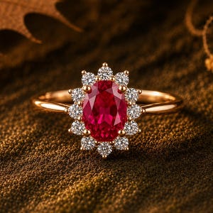 May include: A gold ring featuring a large, oval-cut ruby center stone surrounded by a halo of small, round diamonds. The ring's band is a delicate gold color, and the setting is a classic, elegant design. The ring is displayed on a textured, brown surface.