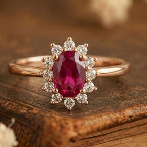 Oval rosa rubin förlovningsring, moissanit Halo, jubileumsring