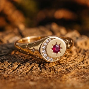 May include: A gold ring featuring a circular face with a central red gemstone set within a star-shaped cutout. A crescent moon shape adorned with small clear stones surrounds the star. The band is decorated with engraved star motifs.