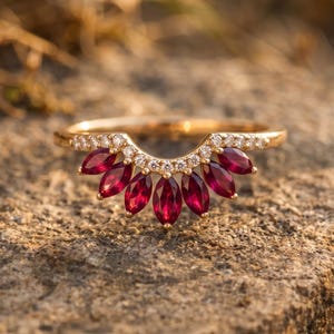 Marquise Lab Ruby Curved Wedding Band, Moissanite Crown Stacking Ring in 14K Gold or Sterling Silver, Chevron Enhancer Ring for Women