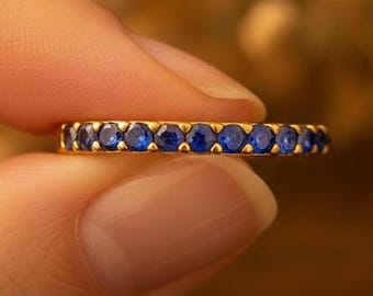 Blue Sapphire Half Eternity 925 Silver Ring, Stackable Band