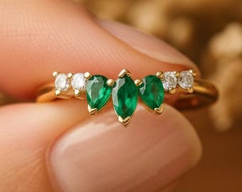 Emerald Moissanite Engagement Ring, Marquise & Pear Cut, Chevron Stackable Band