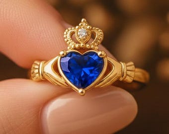 Blue Sapphire Heart Claddagh Ring, Moissanite Crown, Sterling Silver Wedding Ring