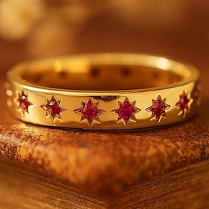 Granaat Starburst-ring, geel vergulde zilveren jubileumband