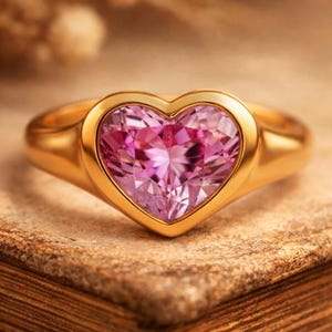 May include: A gold ring with a heart-shaped pink gemstone. The ring is set on a vintage book with a warm, textured appearance. The background features soft, blurred floral elements, enhancing the romantic aesthetic.