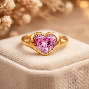 May include: A gold ring with a heart-shaped pink gemstone. The ring is set in a gold band and sits on a white, textured surface. The gemstone is faceted, catching the light and creating a sparkling effect. The ring is a romantic and elegant piece of jewelry.