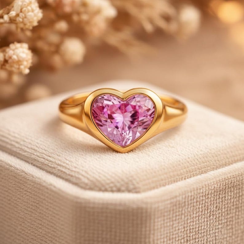 May include: A gold ring with a heart-shaped pink gemstone. The ring is set in a gold band and sits on a white, textured surface. The gemstone is faceted, catching the light and creating a sparkling effect. The ring is a romantic and elegant piece of jewelry.