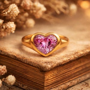 May include: A gold ring with a heart-shaped pink gemstone. The ring is set on a vintage book with a warm, textured appearance. The background features soft, blurred floral elements, enhancing the romantic aesthetic.