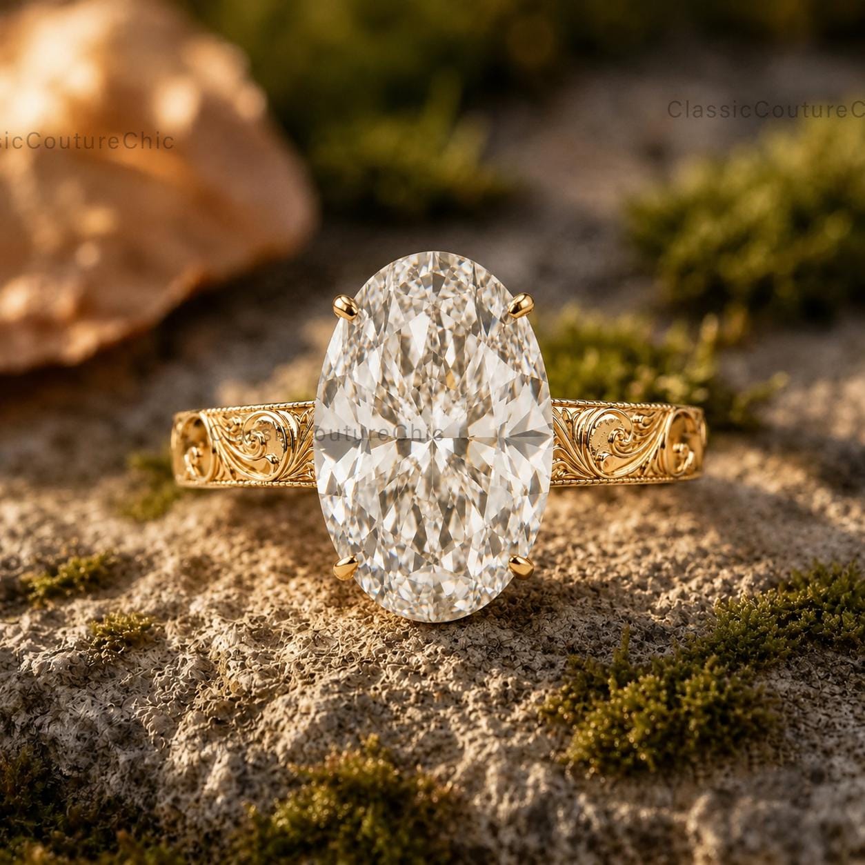 Vintage Engraved Oval Moissanite Anniversary Ring, Gold Plated Silver…
