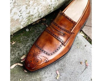 Handsrtitched Tan Leather Slip On Shoes Moocasin Brogue