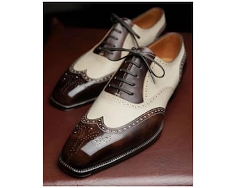 Handstitched Men's Two Tone Leeather Oxford Wingtip Brogue Lace Up Formal Shoes Men