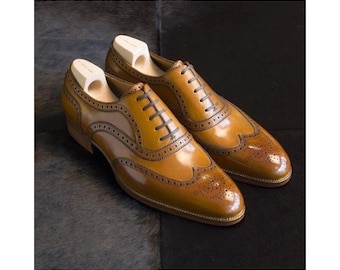 Tailor Made Men's Yellow Color Leather Oxford WIngtip Brogue Lace Up Formal Shoes Men