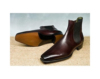 Custom Made Burgundy Shaded Leather Chelsea Ankle Dress Up Boot