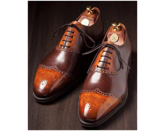 Two Tone Genuine Leather Formal Shoes Handmade Men's Lace Up Oxford Unique Stylish Shoes