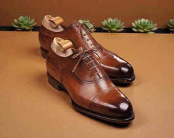 Handmade Men's Brown Color Leather Oxford Cap-Toe Lace Up Dress Party Wear Shoes Men