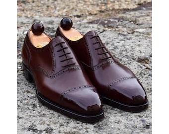 Handamde Men's Burgundy Color Leather Oxford Cap-Toe Lace Up Formal Wear Shoes Men