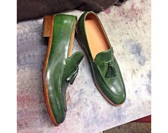 Handcrafted New Men's Green Color Leather Slip On Moccasin Tassels Dress Shoes Men