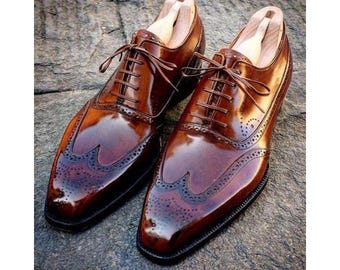 Handcrafted Menn's Brown Color Leather Oxford Wingtip Brogue Lace Up Dress Shoes