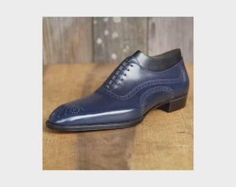 Men's Handmade Blue Color Leather Oxford Whole-Cur Brogue Formal Casual Shoes
