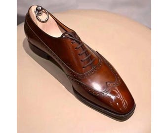 Men's Handmade Brown Leather Lace Up Brogue Formal Dress Wingtip Shoes