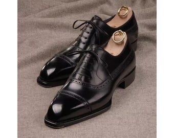 Handcrafted Men's Black Color Leather Oxford Lace Up Cap-Toe Gift Party Wear Shoes Men