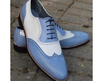Handcrafted Men's Blue,White Leathre Oxford Wingtip Lace Up Dress Formal Shoes