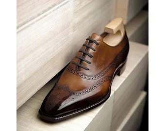 Handmade Men's Brown Shaded Leather Lace Up Wingtip Formal Brogue Shoes