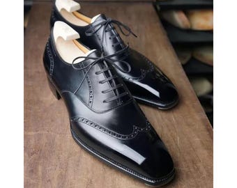 Scarpe eleganti da uomo, fatte a mano, in pelle nera, con punta a coda di rondine, stringate