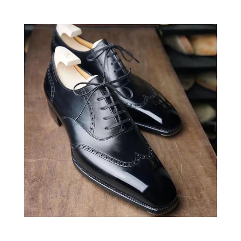 Handmade New Men's Black Color Leather Oxford Wingtip Lace Up Dress Formal Shoes Men image 1
