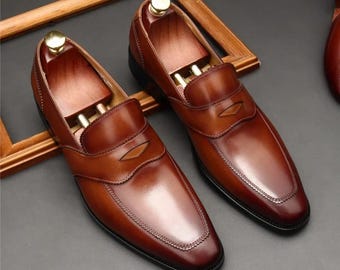 Handmade Men's Brown Leather Shaded Slip On Loafer Moccasin Formal Fashion Shoes