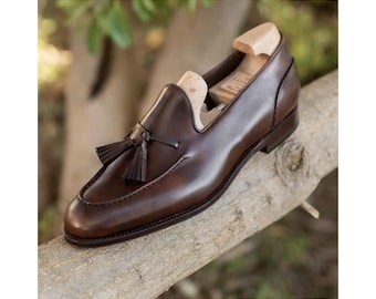 Men's Handmade Brown Color Leather Tassels Moccasin Dress Shoes For Men's